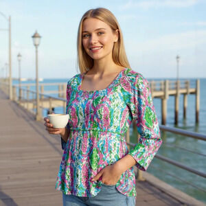 LILLY PULITZER 'SHOW ME SOME SKIN' PRINT 3/4 LENGTH SLEEVES TUNIC TOP PINK BLUE
